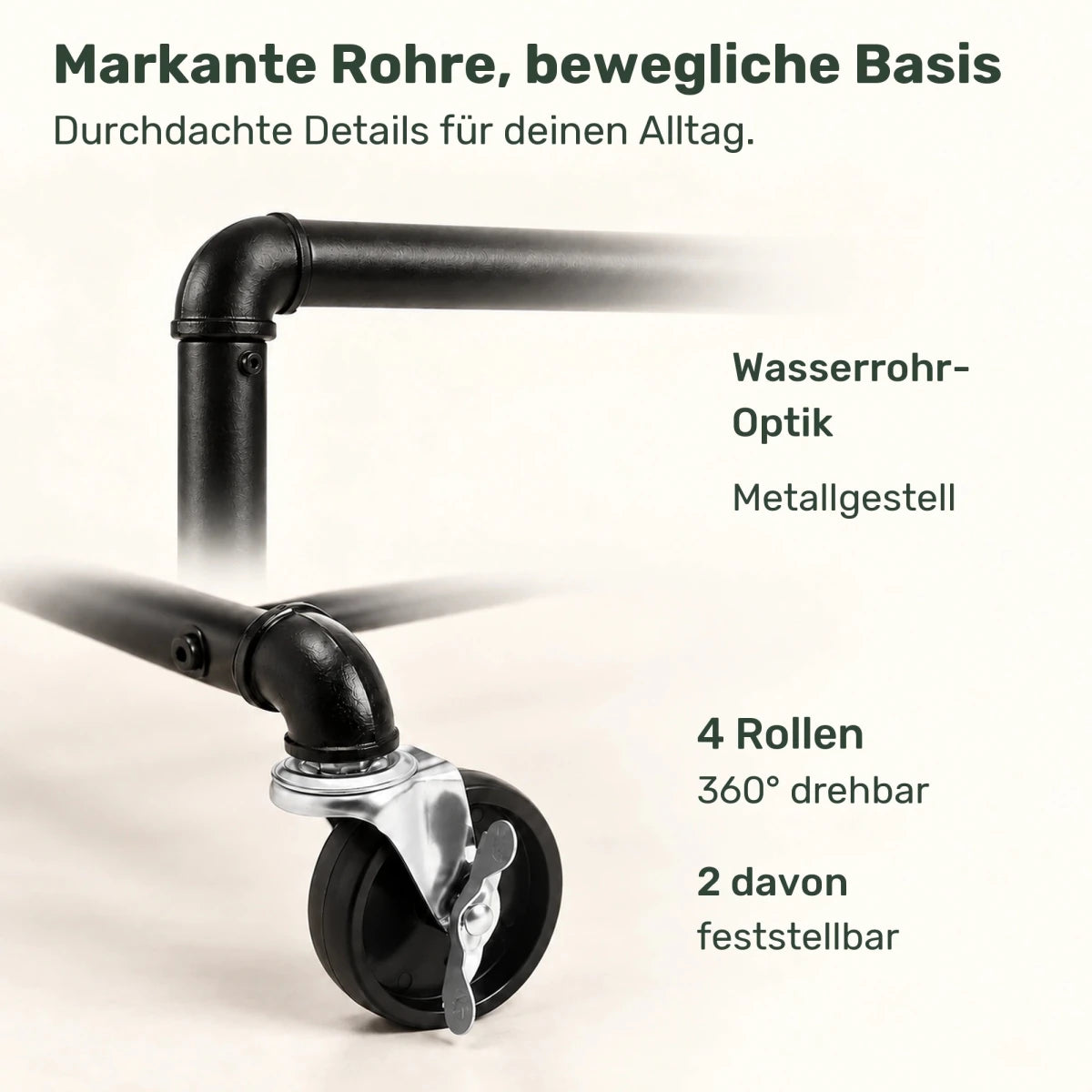 Kleiderständer auf Rollen Felix – 90 kg, Ablage und Wasserrohr-Design - nestful