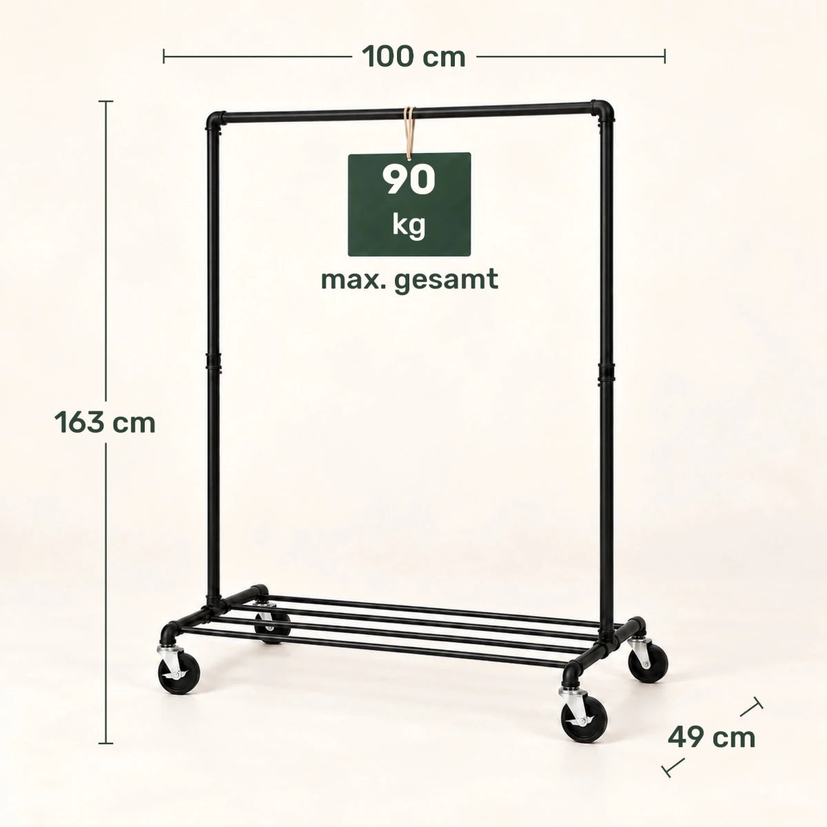 Kleiderständer auf Rollen Felix – 90 kg, Ablage und Wasserrohr-Design - nestful