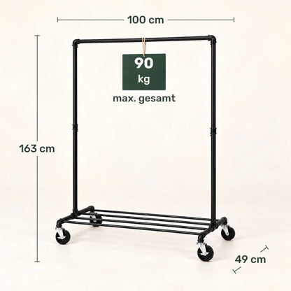 Kleiderständer auf Rollen Felix – 90 kg, Ablage und Wasserrohr-Design - nestful