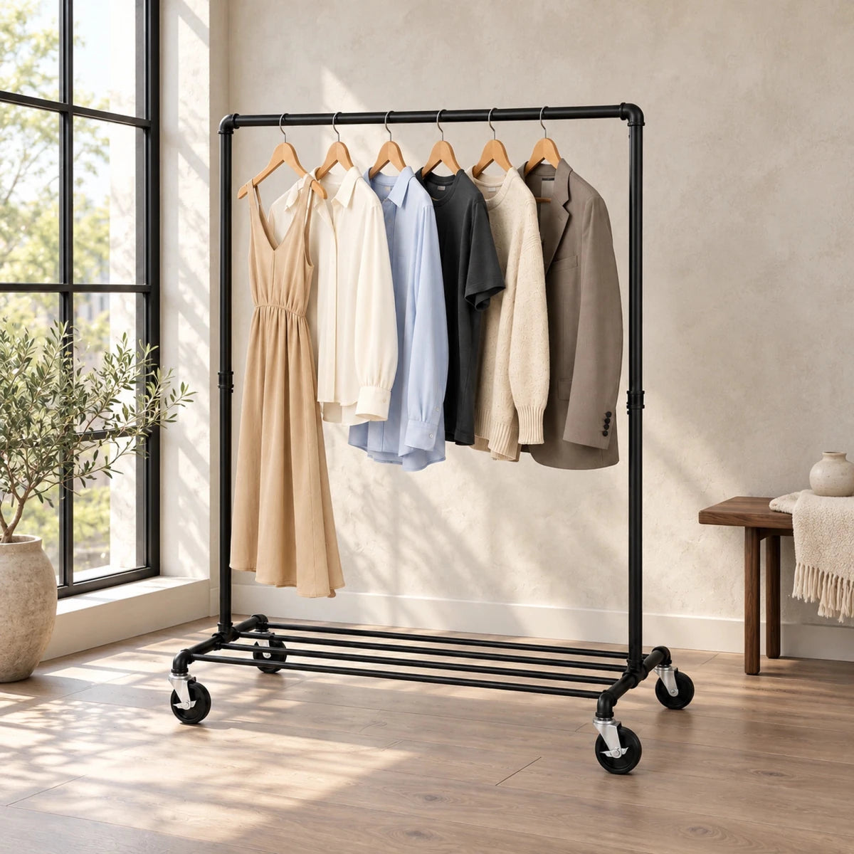 Kleiderständer auf Rollen Felix – 90 kg, Ablage und Wasserrohr-Design - nestful