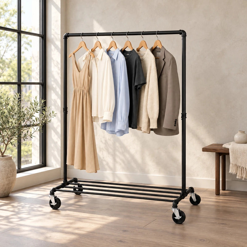 Kleiderständer auf Rollen Felix – 90 kg, Ablage und Wasserrohr-Design - nestful