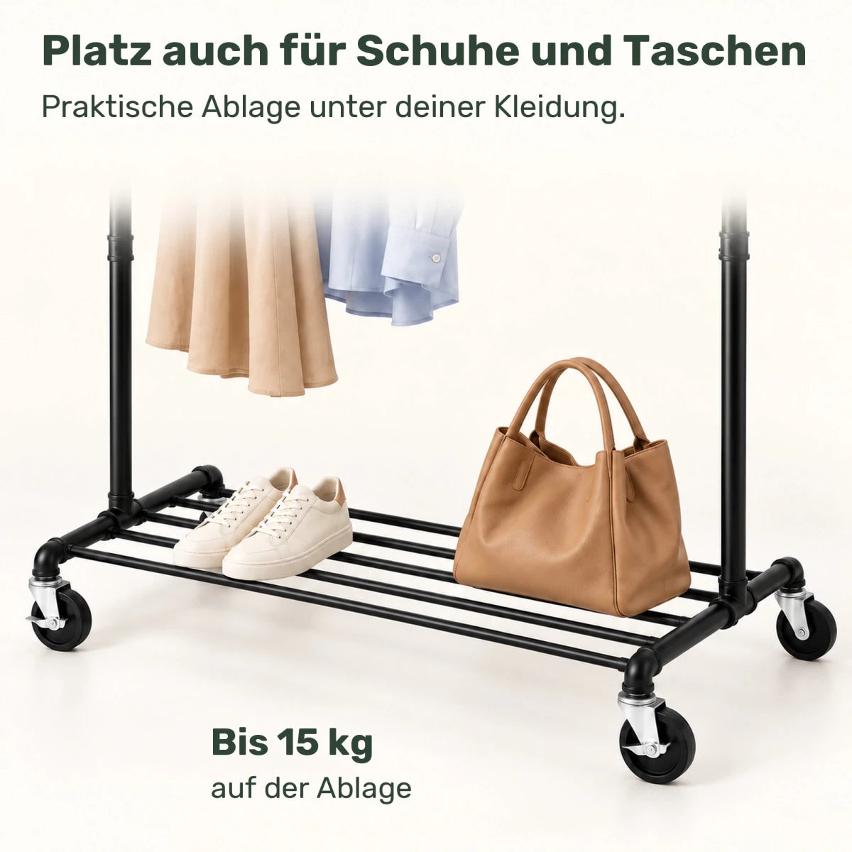 Kleiderständer auf Rollen Felix – 90 kg, Ablage und Wasserrohr-Design - nestful