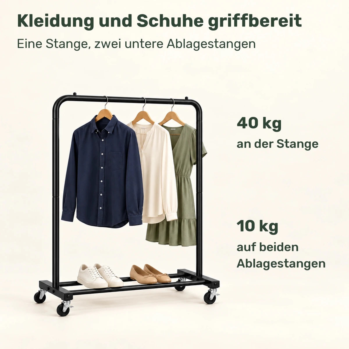 Kleiderständer auf Rollen Luis – 50 kg, mit Ablage - nestful