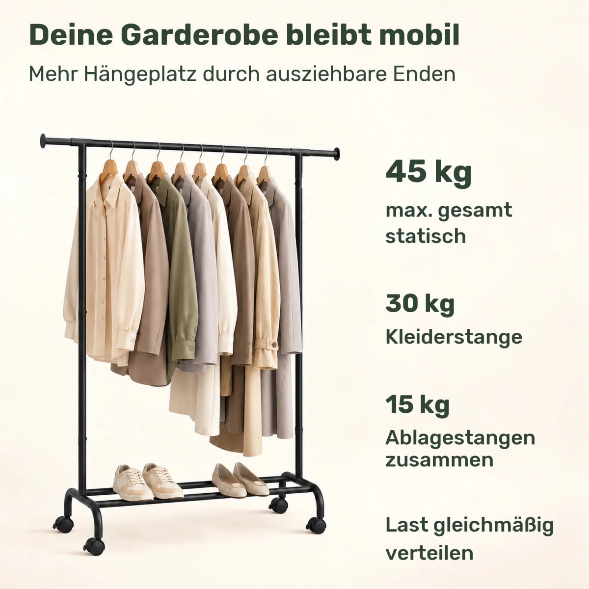 Kleiderständer auf Rollen Robin – 45 kg, ausziehbar - nestful