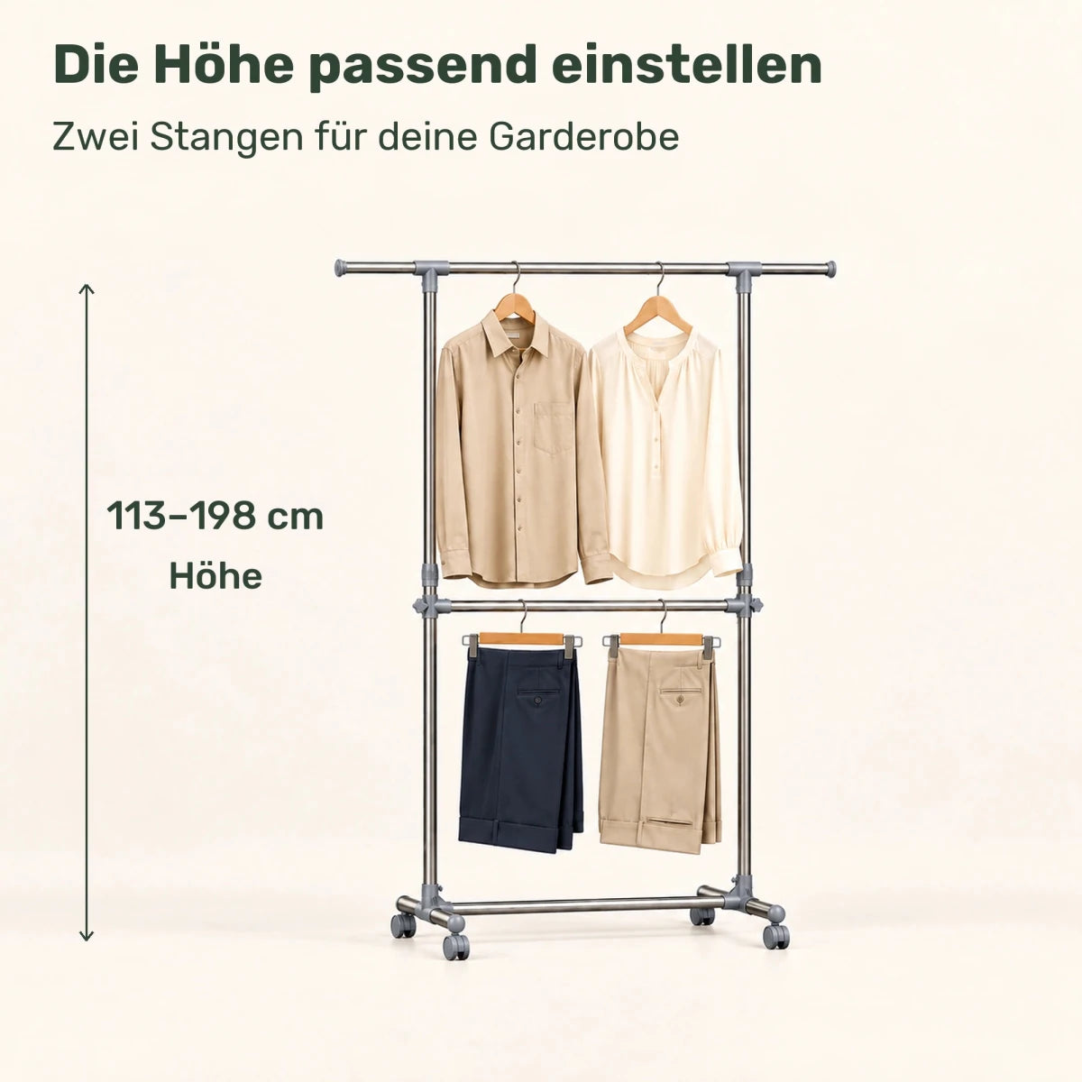 Kleiderständer höhenverstellbar Kevin – 25 kg, ausziehbar mit Rollen - nestful