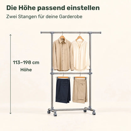 Kleiderständer höhenverstellbar Kevin – 25 kg, ausziehbar mit Rollen - nestful