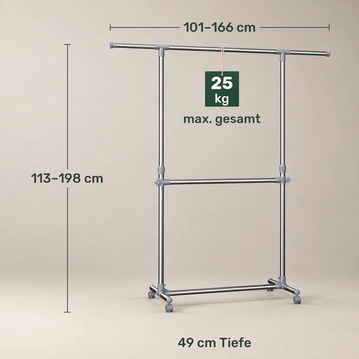 Kleiderständer höhenverstellbar Kevin – 25 kg, ausziehbar mit Rollen - nestful