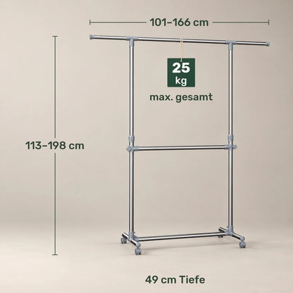 Kleiderständer höhenverstellbar Kevin – 25 kg, ausziehbar mit Rollen - nestful