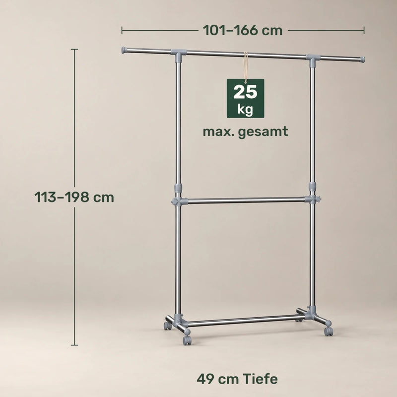 Kleiderständer höhenverstellbar Kevin – 25 kg, ausziehbar mit Rollen - nestful