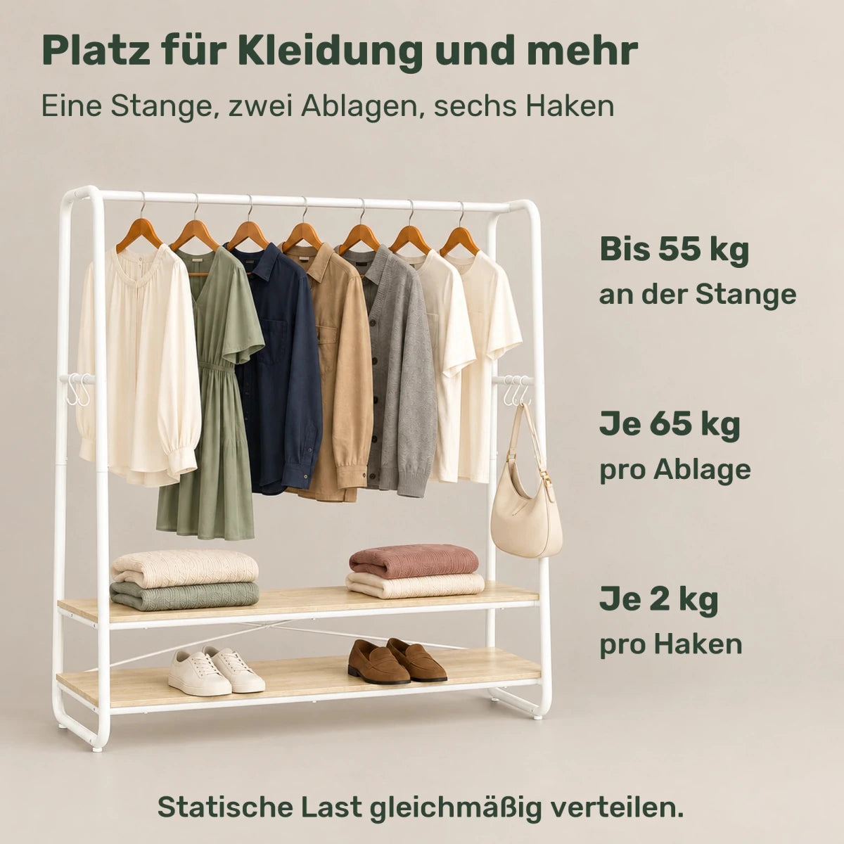 Kleiderständer mit 2 Ablagen Jonas – 197 kg, mit 6 Haken - nestful