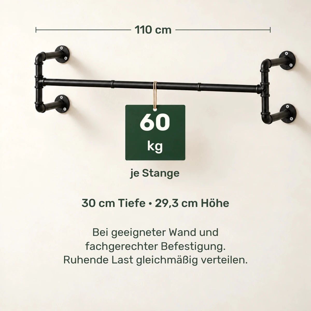 Kleiderstange für die Wand David – 110 cm, bis 60 kg je Stange - nestful