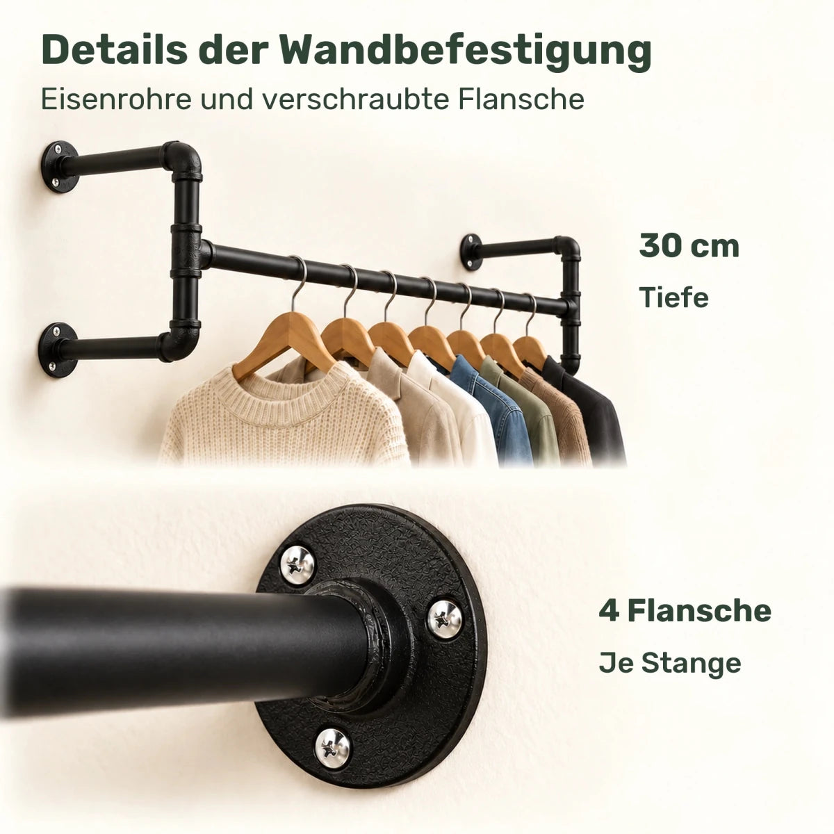 Kleiderstange für die Wand David – 110 cm, bis 60 kg je Stange - nestful