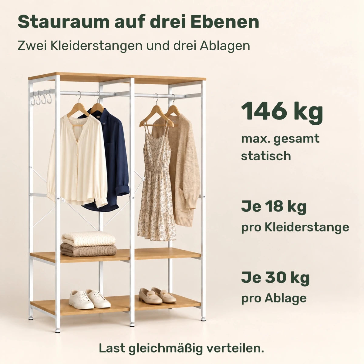 Kleidersystem mit Ablagen Rasmus – bis 194 kg, 2 Breiten - nestful