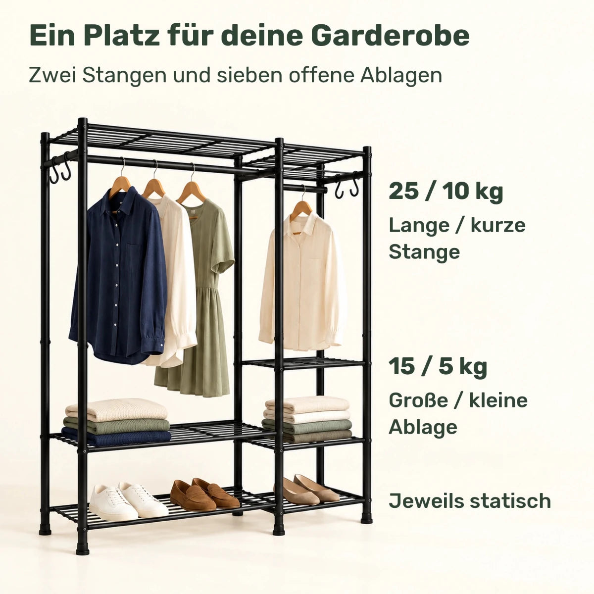 Kleidersystem mit Stangen und Ablagen Matteo – bis 178 kg - nestful