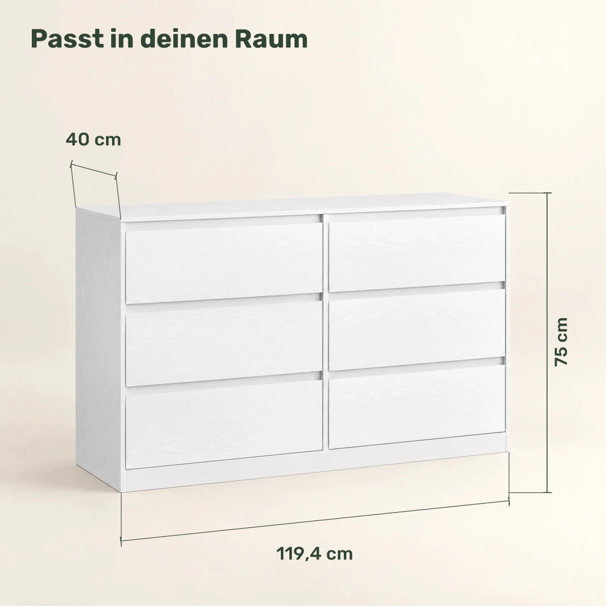 Kommode 119,4 cm – Levin – mit 6 Schubladen - nestful