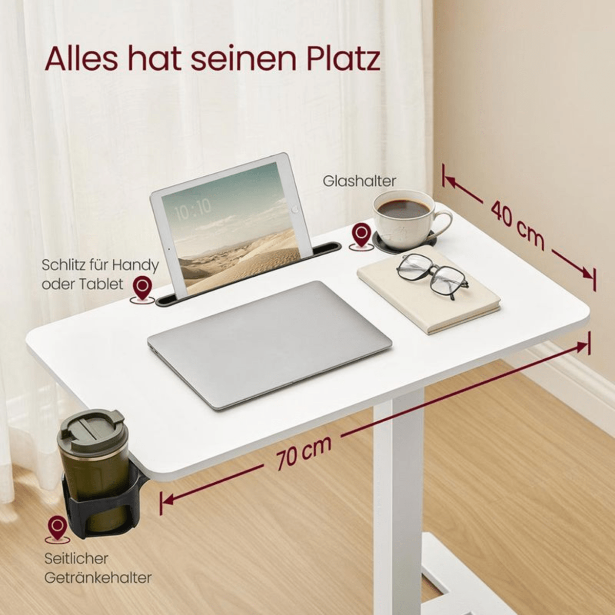 Mobiler höhenverstellbarer Schreibtisch – Lumo – mit Rollen & Getränkehaltern - nestful