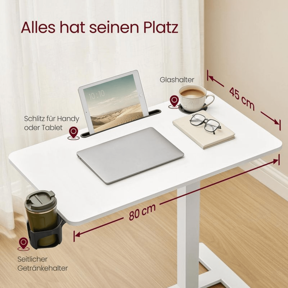 Mobiler höhenverstellbarer Schreibtisch – Lumo – mit Rollen & Getränkehaltern - nestful