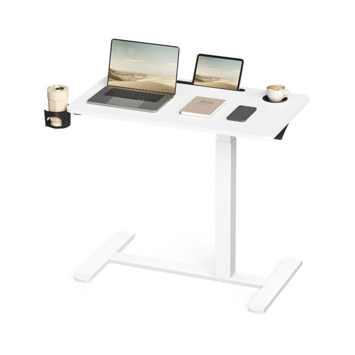 Mobiler höhenverstellbarer Schreibtisch – Lumo – mit Rollen & Getränkehaltern - nestful