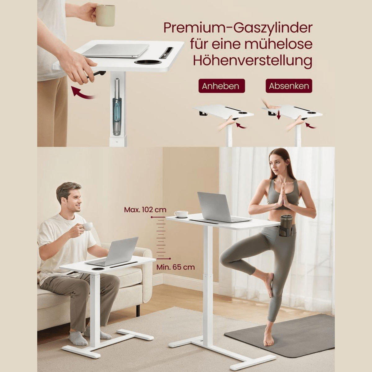 Mobiler höhenverstellbarer Schreibtisch – Lumo – mit Rollen & Getränkehaltern - nestful