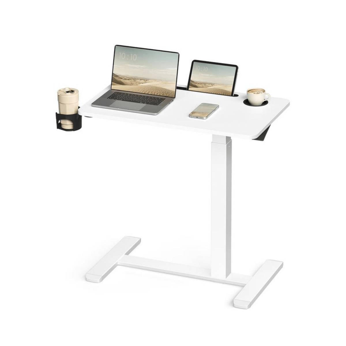 Mobiler höhenverstellbarer Schreibtisch – Lumo – mit Rollen & Getränkehaltern - nestful