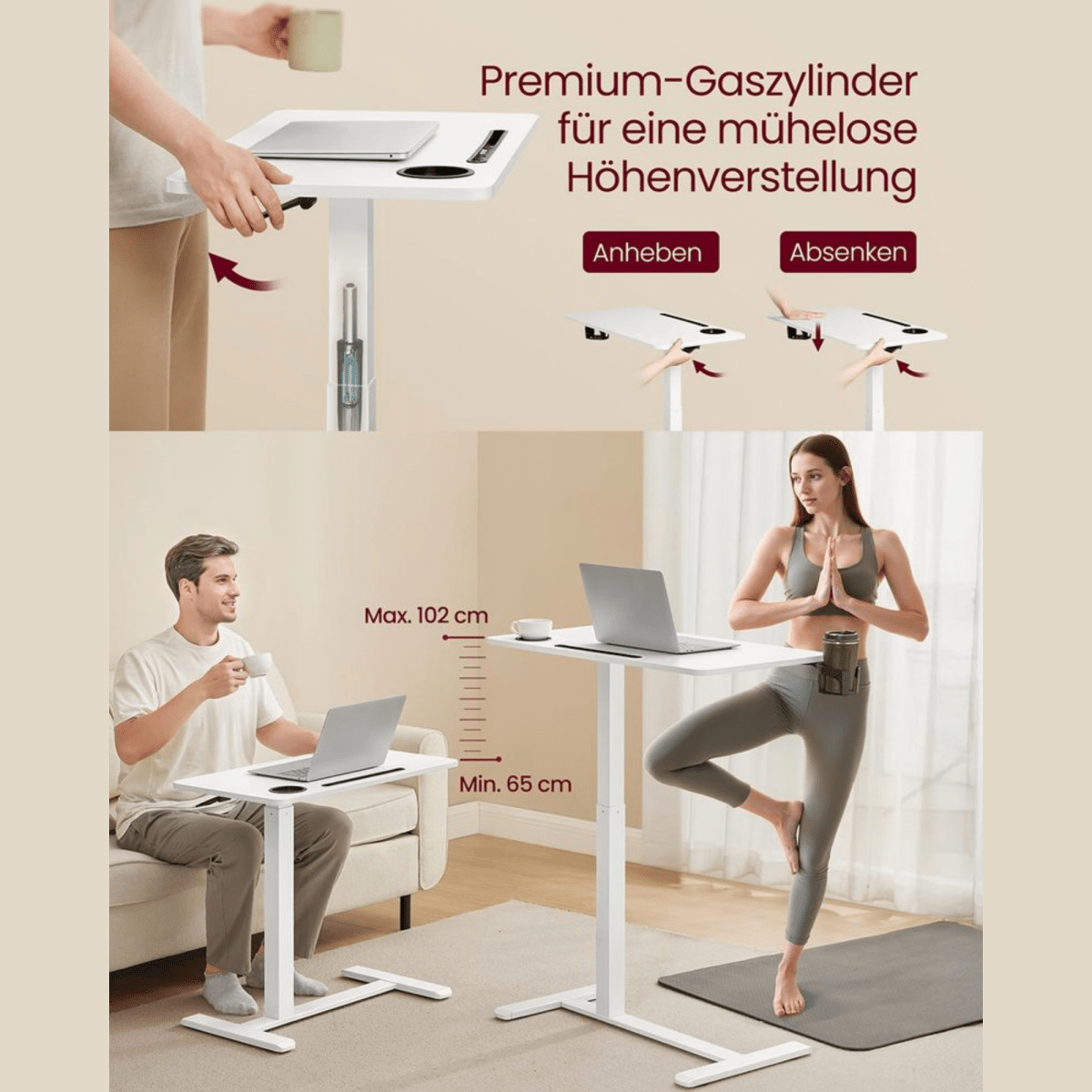 Mobiler höhenverstellbarer Schreibtisch – Lumo – mit Rollen & Getränkehaltern - nestful