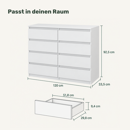 Kommode GABRIEL 120 cm, Weiß Matt / Weiß Matt – mit Außenmaßen und Schubladenmaßen