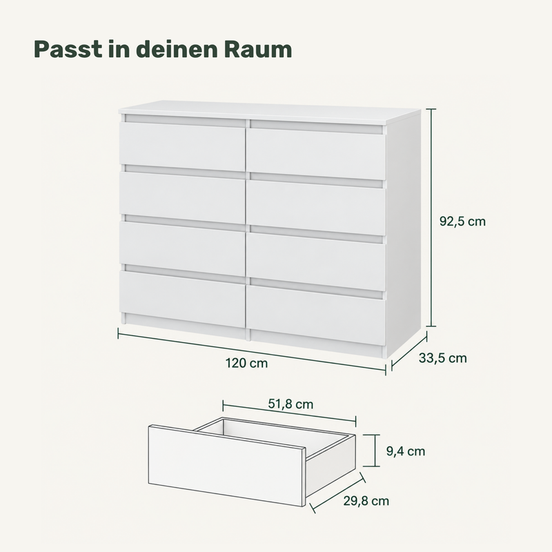 Kommode GABRIEL 120 cm, Weiß Matt / Weiß Matt – mit Außenmaßen und Schubladenmaßen