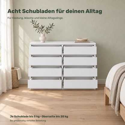 Kommode GABRIEL 120 cm, Weiß Matt / Weiß Matt – mit acht geöffneten Schubladen
