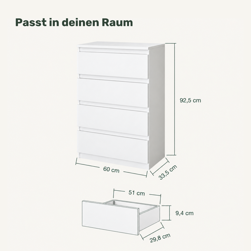 Kommode GABRIEL 60 cm, Korpus Weiß Matt, Front Weiß Matt – mit Außenmaßen und Schubladenmaßen