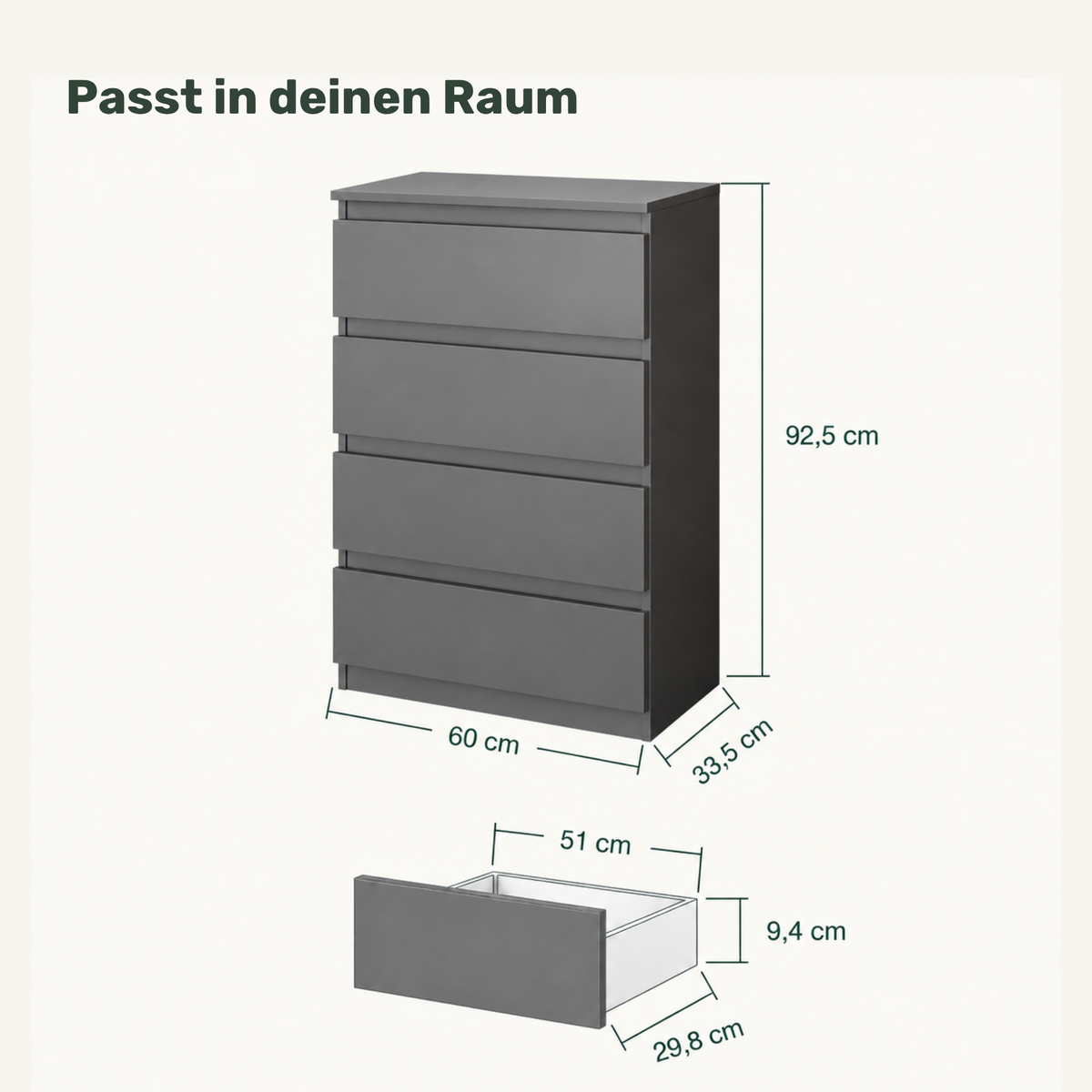 Kommode GABRIEL 60 cm, Korpus Anthrazit, Front Anthrazit – mit Außenmaßen und Schubladenmaßen