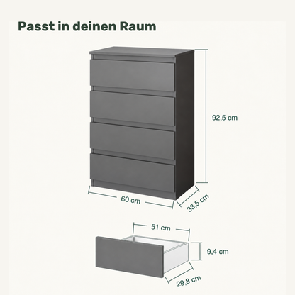 Kommode GABRIEL 60 cm, Korpus Anthrazit, Front Anthrazit – mit Außenmaßen und Schubladenmaßen