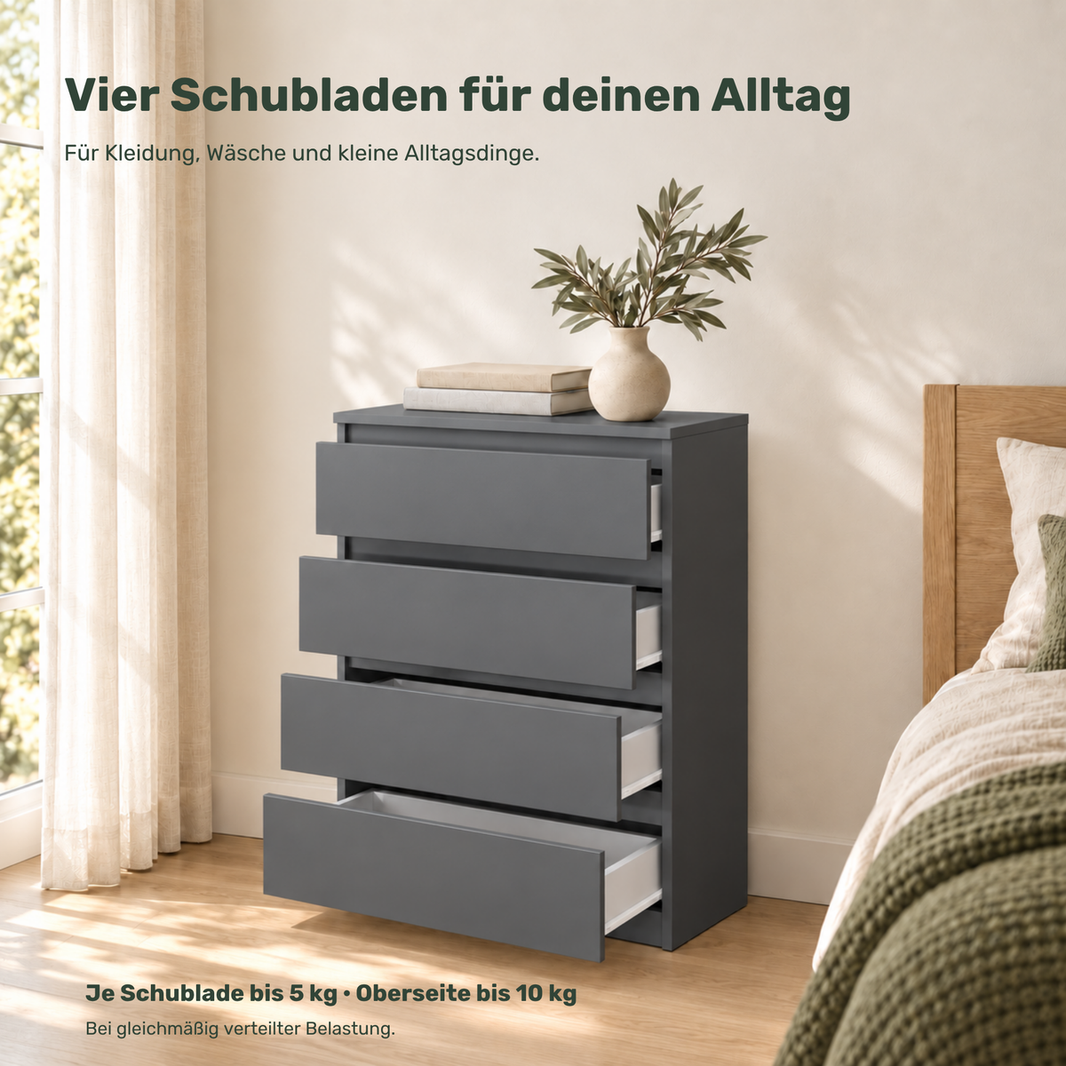 Kommode GABRIEL 60 cm, Korpus Anthrazit, Front Anthrazit – mit geöffneten Schubladen
