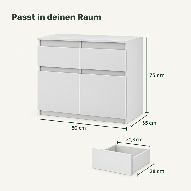 Sideboard NOAH 80 cm, Weiß Matt / Weiß Matt – mit Außenmaßen und Schubladenmaßen