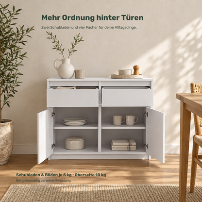Sideboard NOAH 80 cm, Weiß Matt / Weiß Matt – mit geöffneten Schubladen und Türen