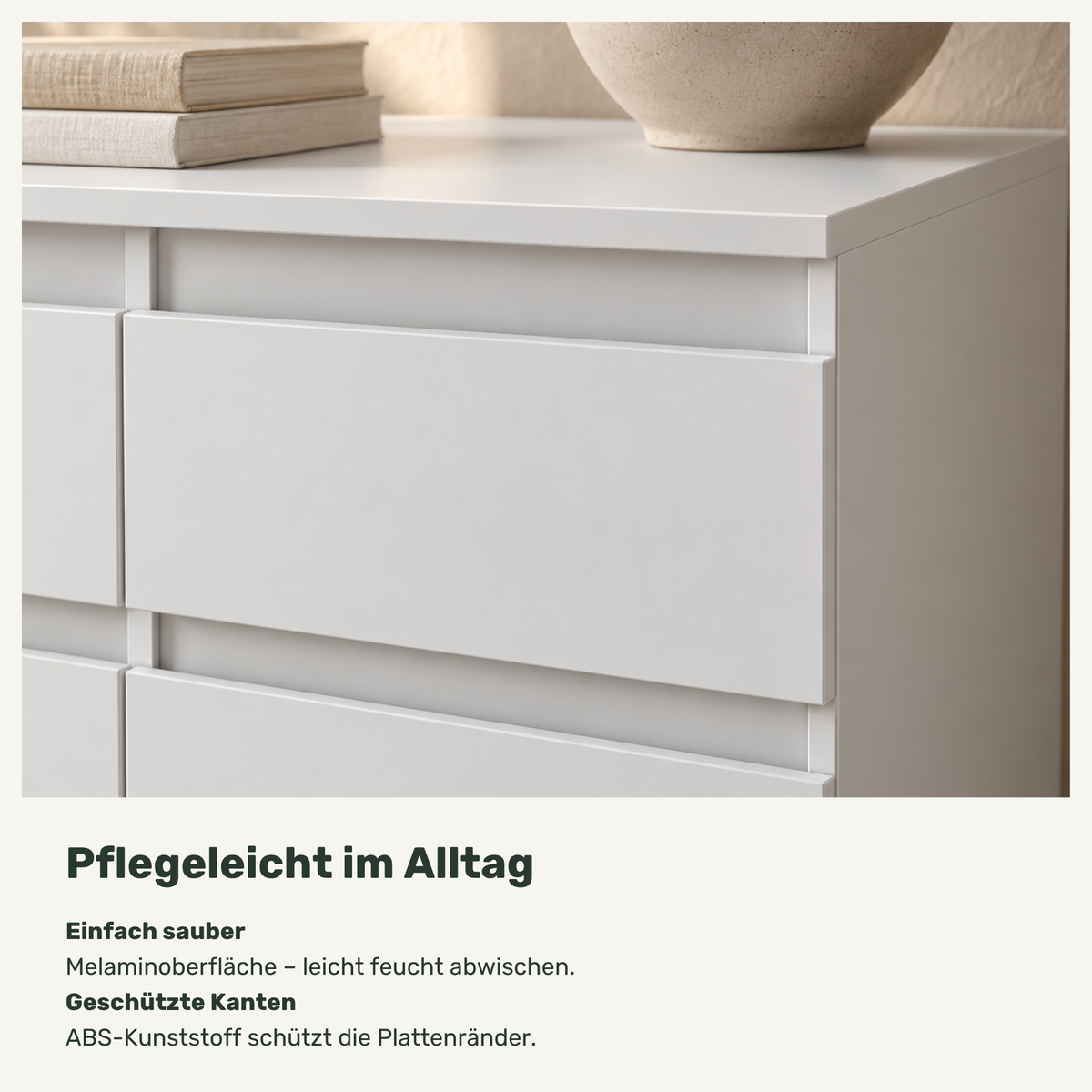 Sideboard NOAH 80 cm, Weiß Matt / Weiß Matt – Oberfläche und Kanten im Detail