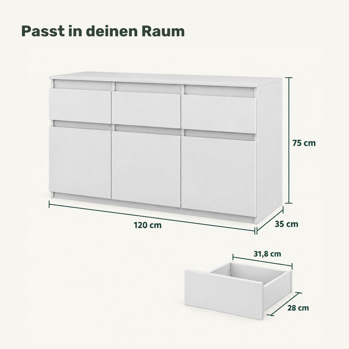 Sideboard NOAH 120 cm – Weiß Matt / Weiß Matt – Maße