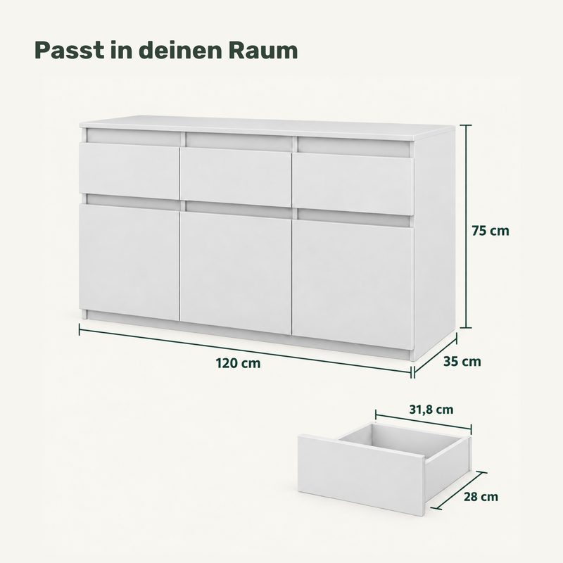 Sideboard NOAH 120 cm – Weiß Matt / Weiß Matt – Maße