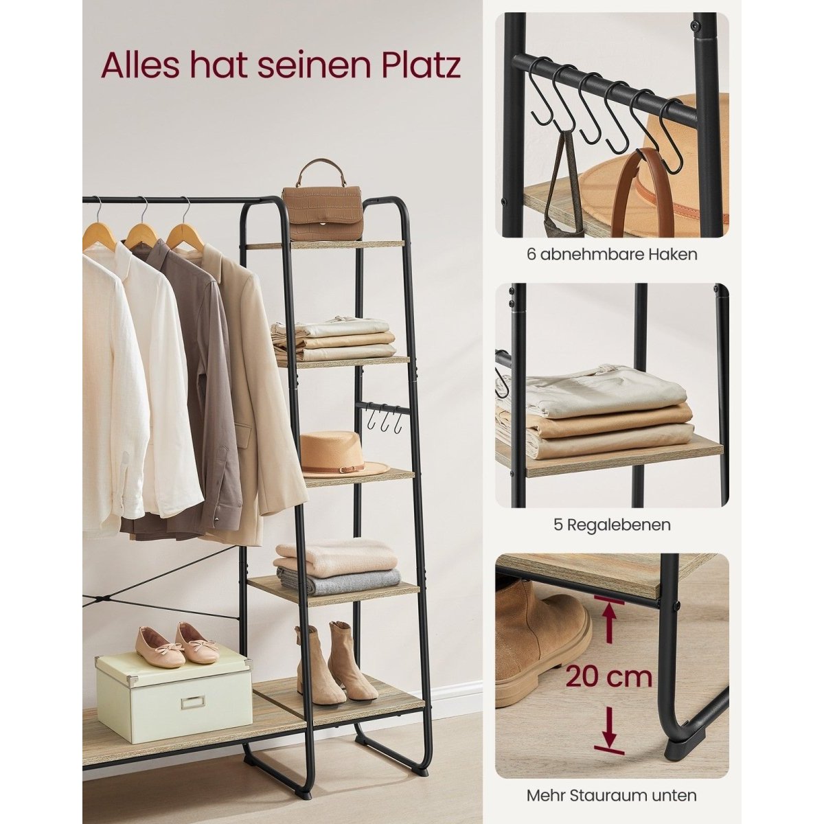 Premium Stahl Kleiderständer 220kg – Daniel - Stehend mit 6 Holzablagen - nestful