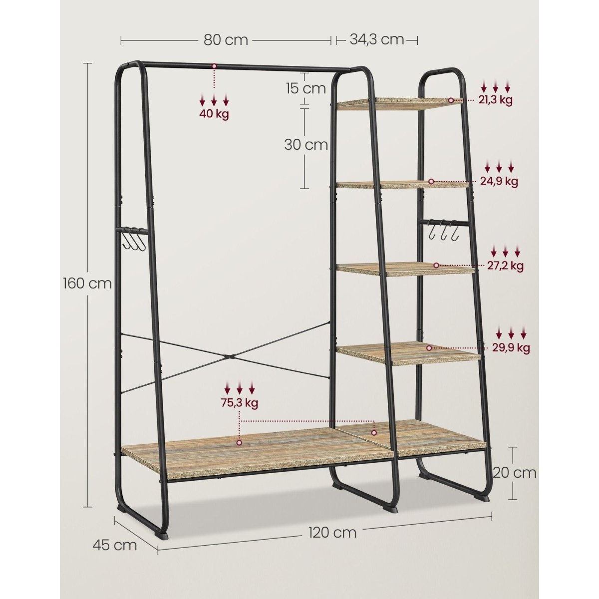 Premium Stahl Kleiderständer 220kg – Daniel - Stehend mit 6 Holzablagen - nestful