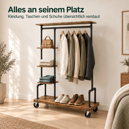 Premium Stahl Kleiderständer 90kg – Adam - mit Holzablagen & Rollen - nestful