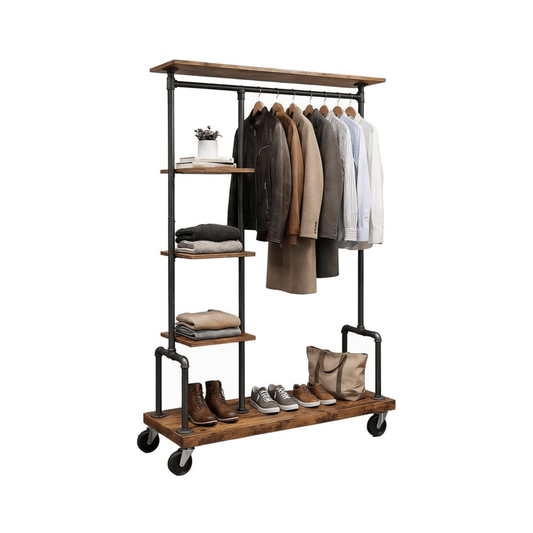 Premium Stahl Kleiderständer 90kg – Adam - mit Holzablagen & Rollen - nestful