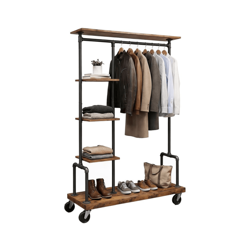 Premium Stahl Kleiderständer 90kg – Adam - mit Holzablagen & Rollen - nestful