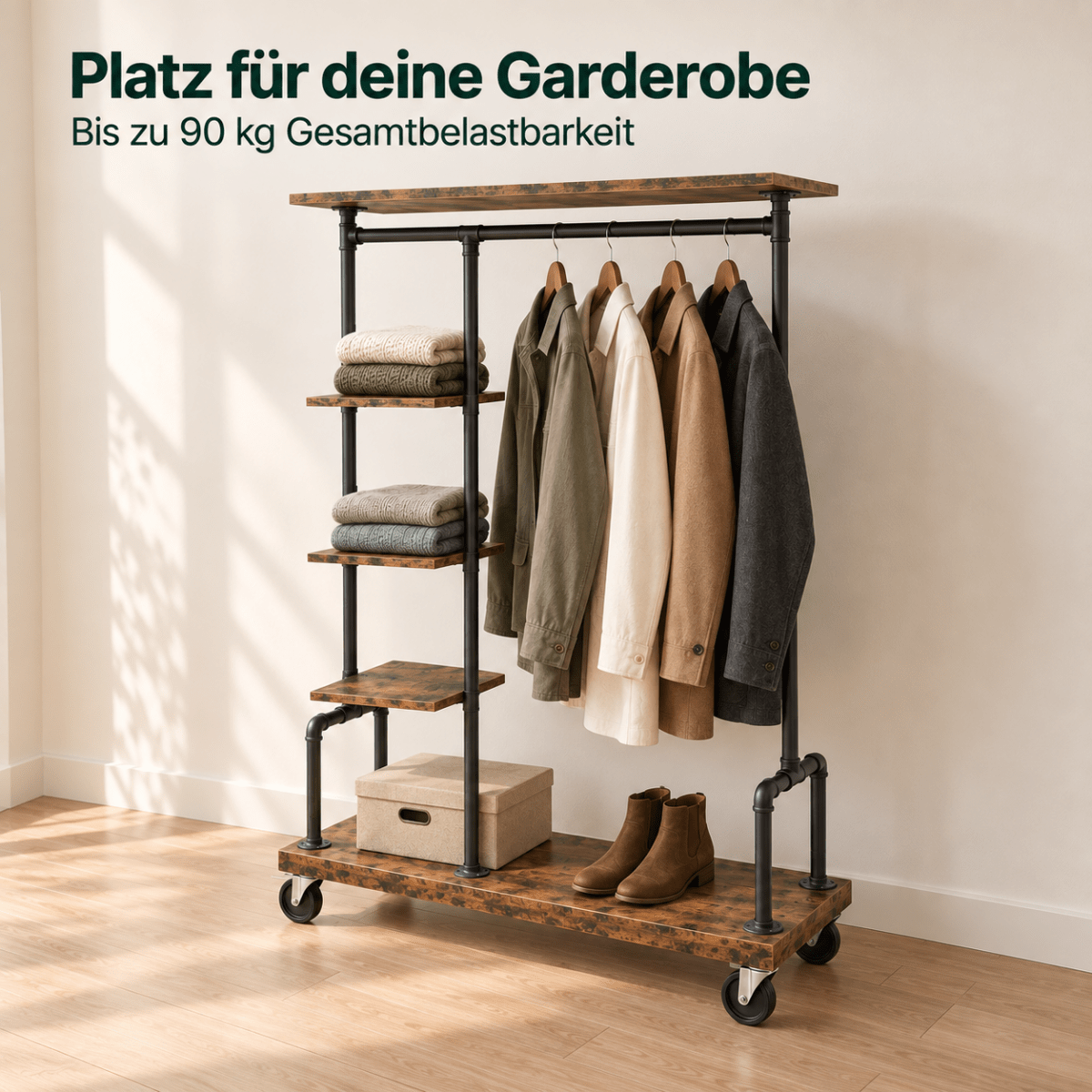 Premium Stahl Kleiderständer 90kg – Adam - mit Holzablagen & Rollen - nestful