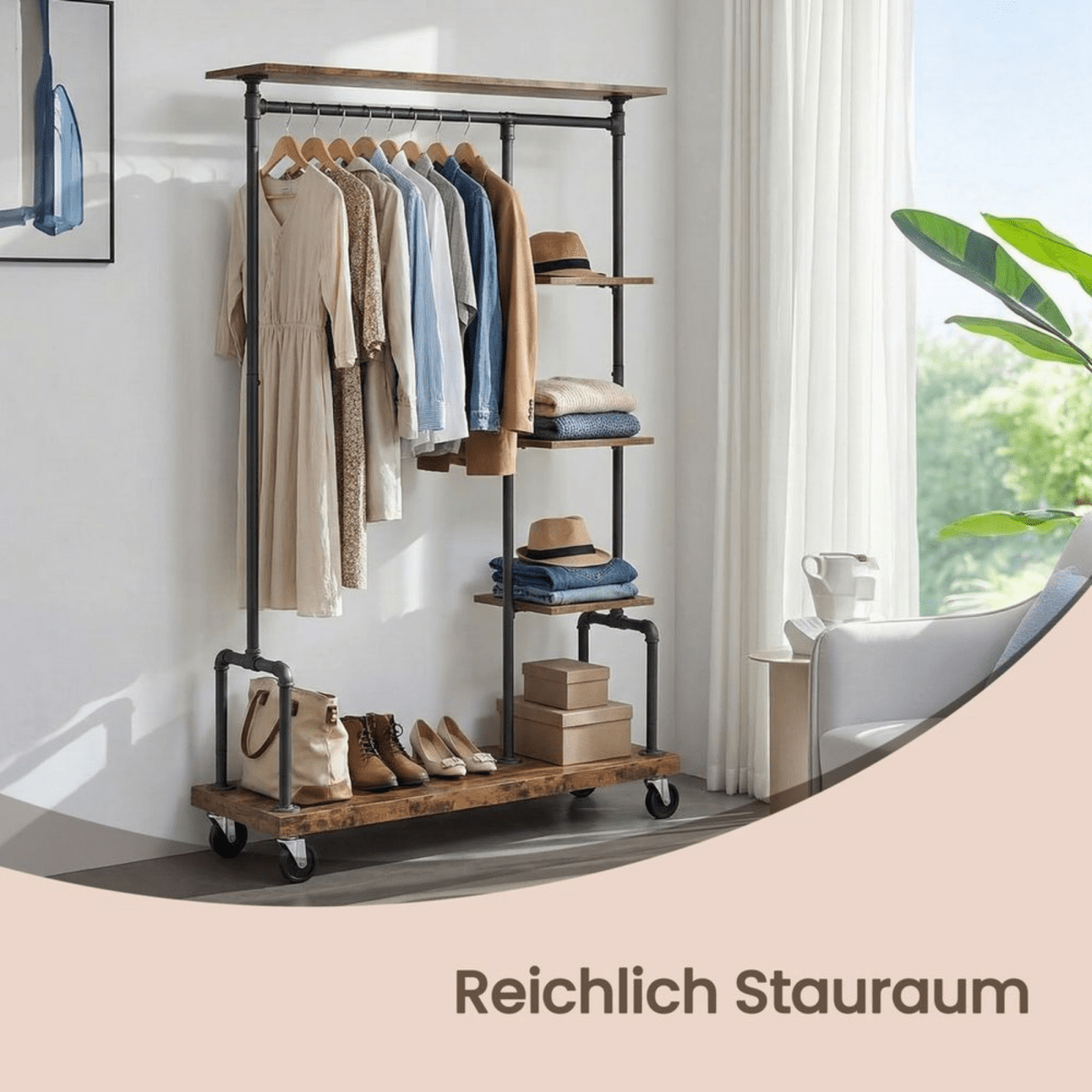 Premium Stahl Kleiderständer 90kg – Adam - mit Holzablagen & Rollen - nestful