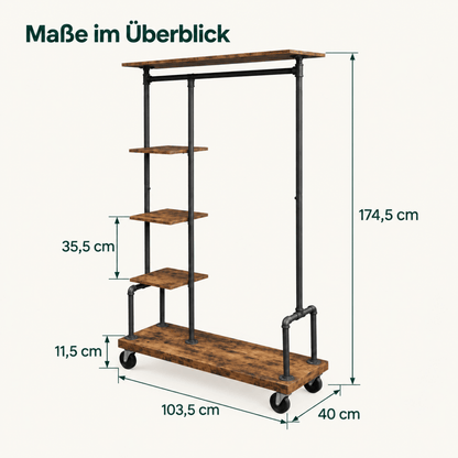 Premium Stahl Kleiderständer 90kg – Adam - mit Holzablagen & Rollen - nestful