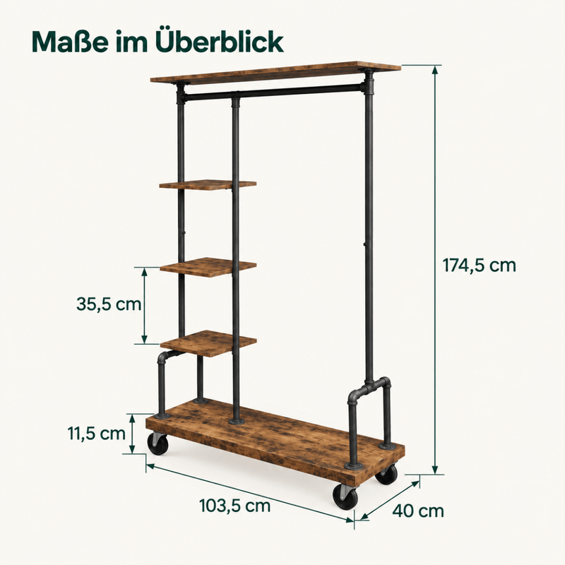 Premium Stahl Kleiderständer 90kg – Adam - mit Holzablagen & Rollen - nestful