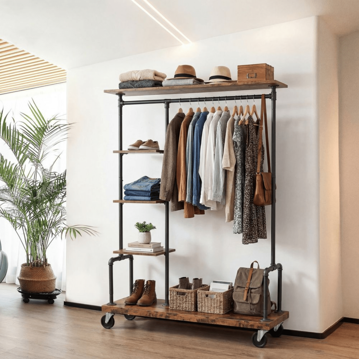 Premium Stahl Kleiderständer 90kg – Adam - mit Holzablagen & Rollen - nestful