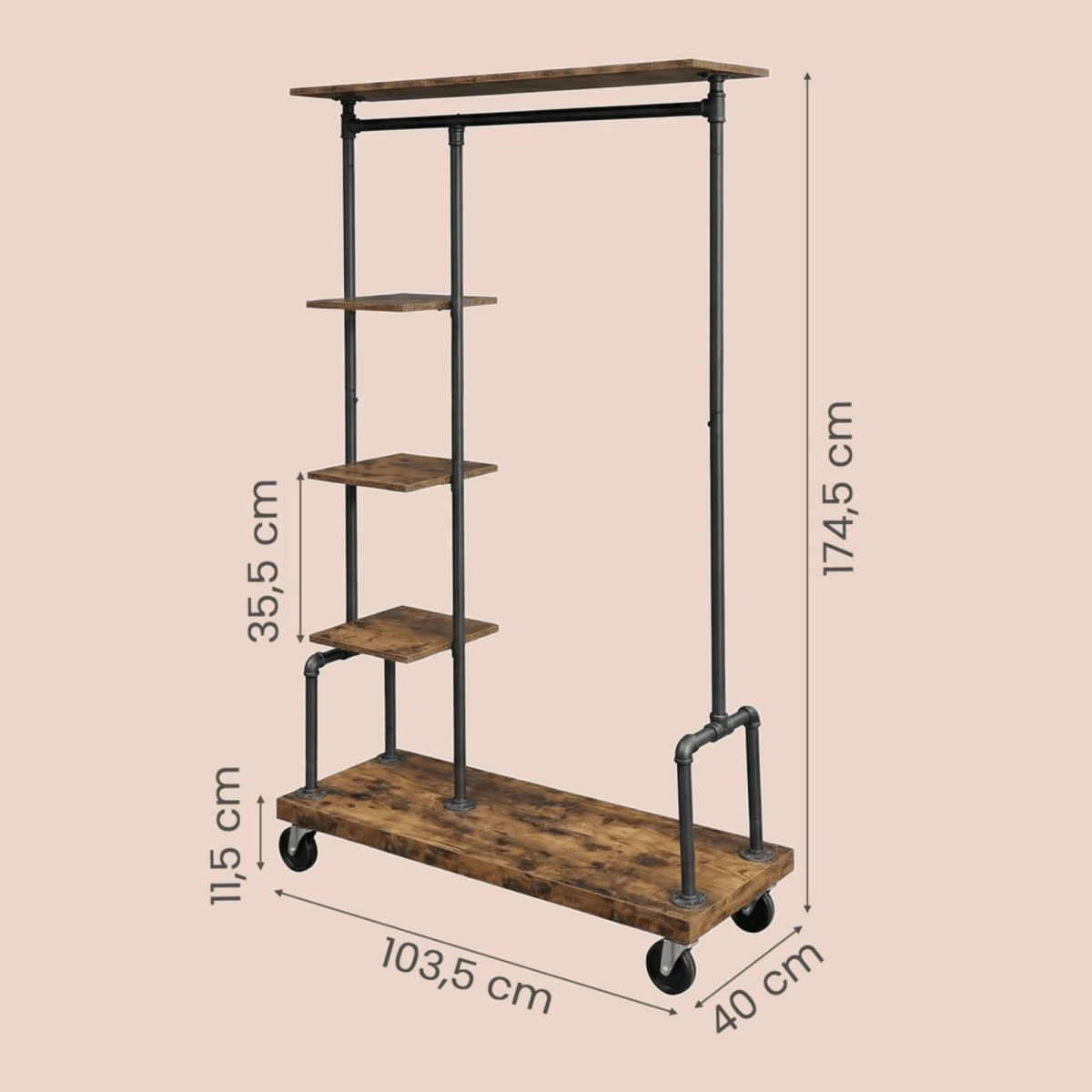 Premium Stahl Kleiderständer 90kg – Adam - mit Holzablagen & Rollen - nestful