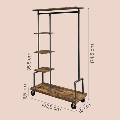 Premium Stahl Kleiderständer 90kg – Adam - mit Holzablagen & Rollen - nestful
