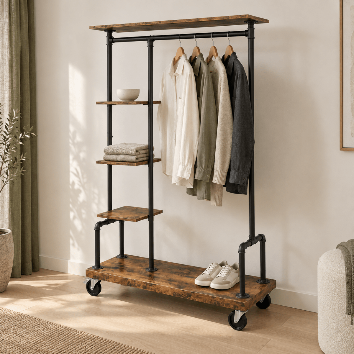 Premium Stahl Kleiderständer 90kg – Adam - mit Holzablagen & Rollen - nestful